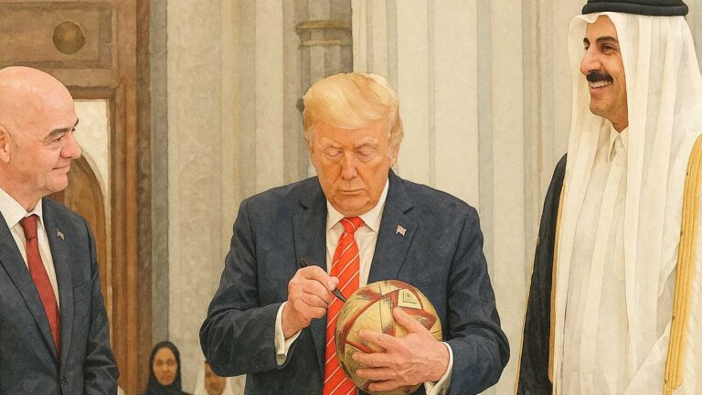 مراسم انتقال توپ جام جهانی از امیر قطر به دونالد ترامپ در کاخ لوسیل