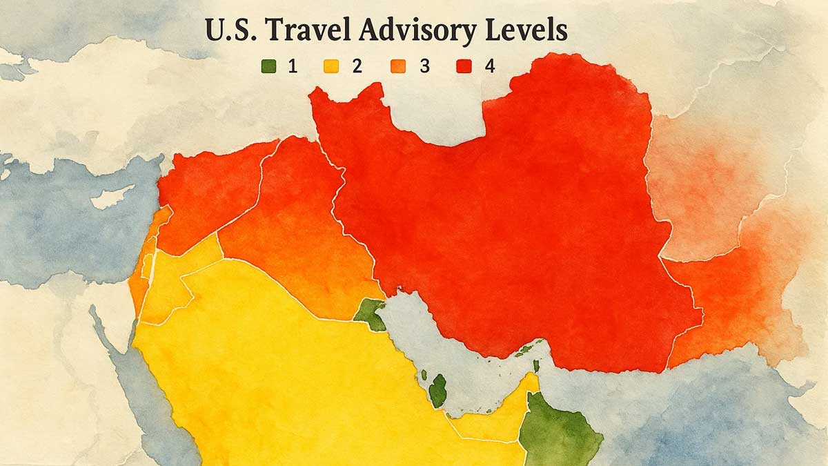 نقشه هشدارهای سفر آمریکا برای خاورمیانه در سایه تنش با ایران