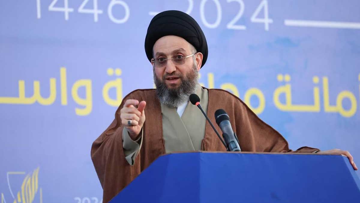 سید عمار حکیم رهبر عراقی در حال بیان محکومیت حمله به ایران