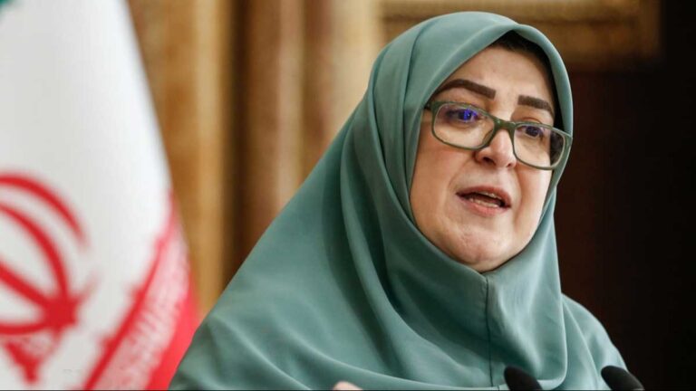 فاطمه مهاجرانی، سخنگوی دولت، در حال سخنرانی