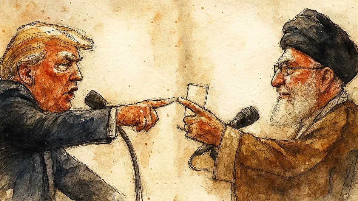 دونالد ترامپ و نقشه خاورمیانه با پرچم ایران