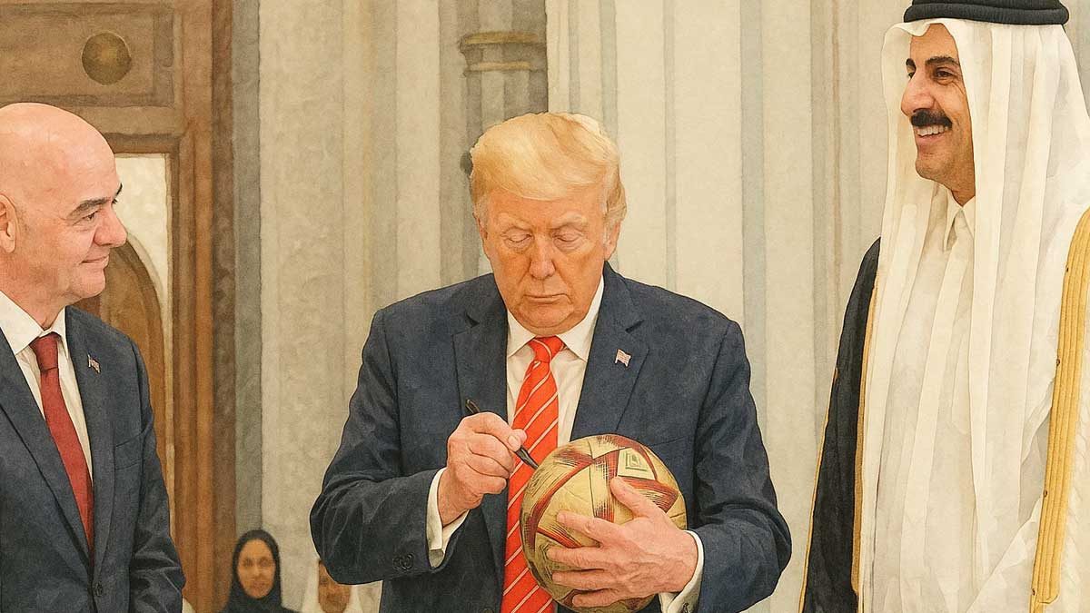 مراسم انتقال توپ جام جهانی از امیر قطر به دونالد ترامپ در کاخ لوسیل